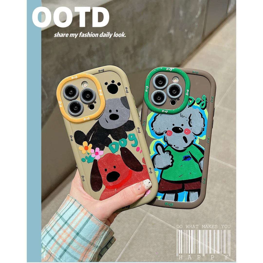 ins风卡通彩绘狗狗15promax液态肤感泡芙壳适用于苹果14全包防摔