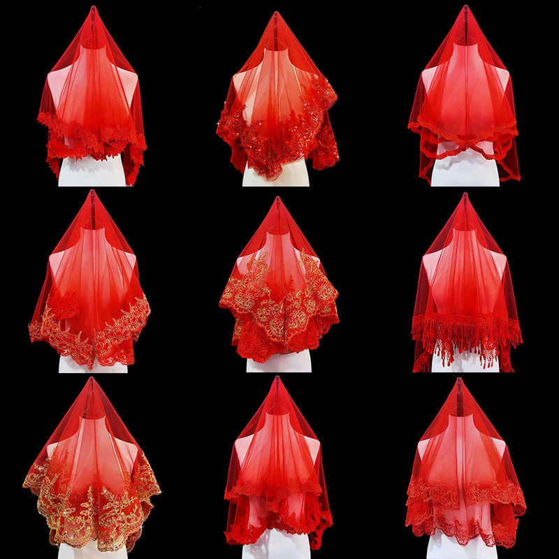 月下相恋红色蕾丝爆款结婚新娘红盖头头纱秀禾服喜帕中式婚礼头纱