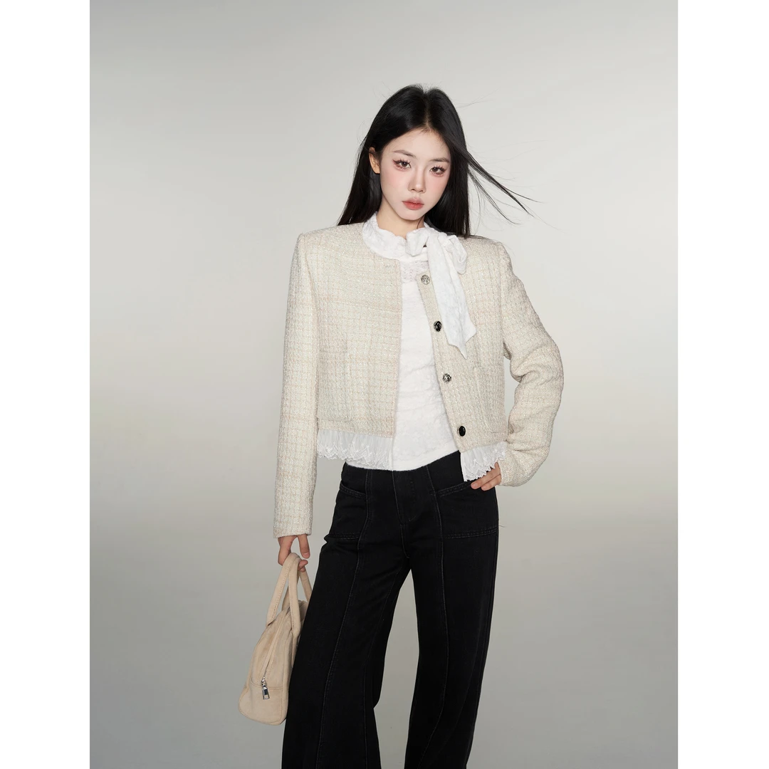 【小野莓】秋季韩系气质百搭显瘦蕾丝拼接粗花呢小香风外套BD46310
