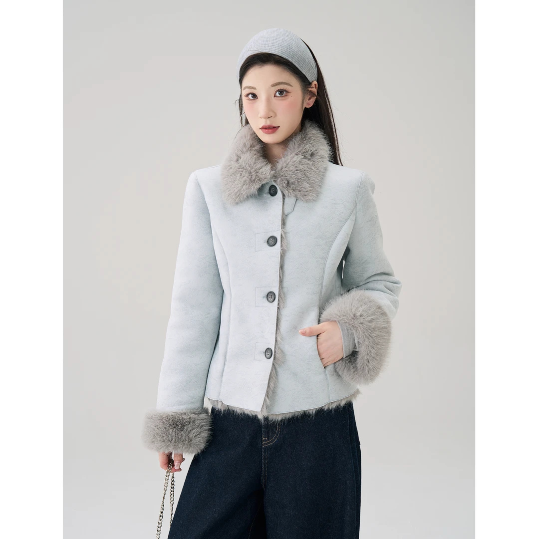 【小野莓】秋冬气质加厚保暖短款毛毛拼接翻领毛绒外套BD16450橙