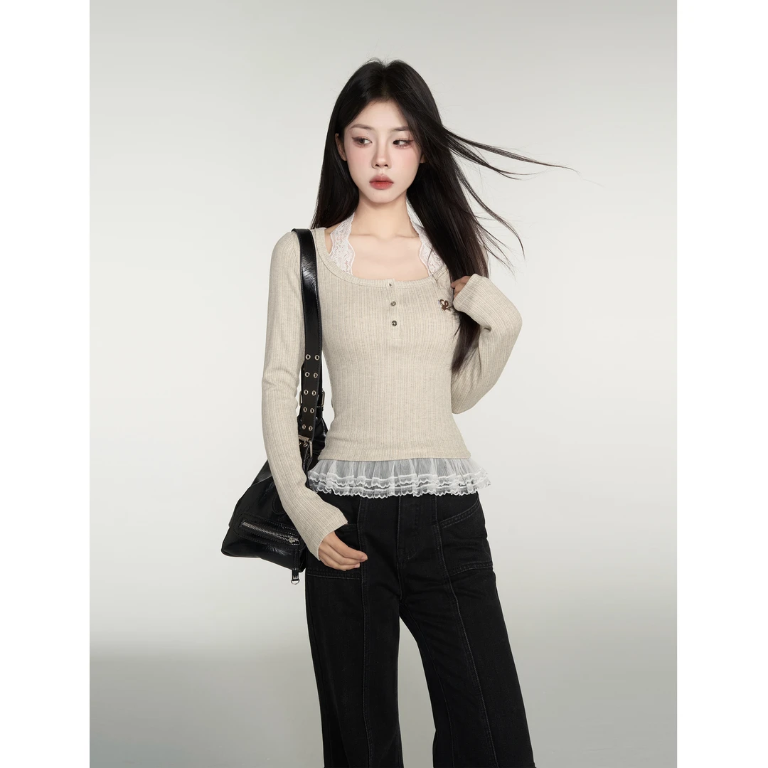 【小野莓】秋季气质时尚百搭小众蕾丝拼接长袖针织T恤内搭女BT86225