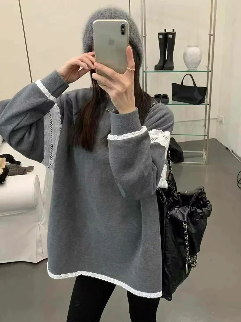 梦小小女装欧洲站圆领蕾丝拼接加绒卫衣女2024冬季新款时尚百搭
