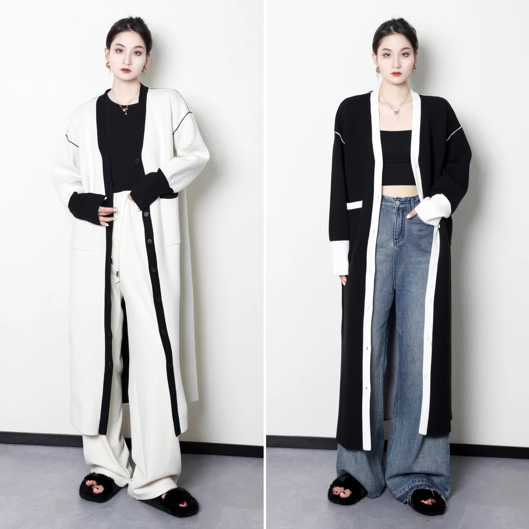 小野人清仓微胖大码女装秋冬撞色长款毛衣外套ZY308H51