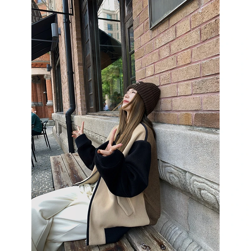 小君君布兰妮 私服系列/自带叠穿感宽松休闲拼接棒球落肩毛呢外套