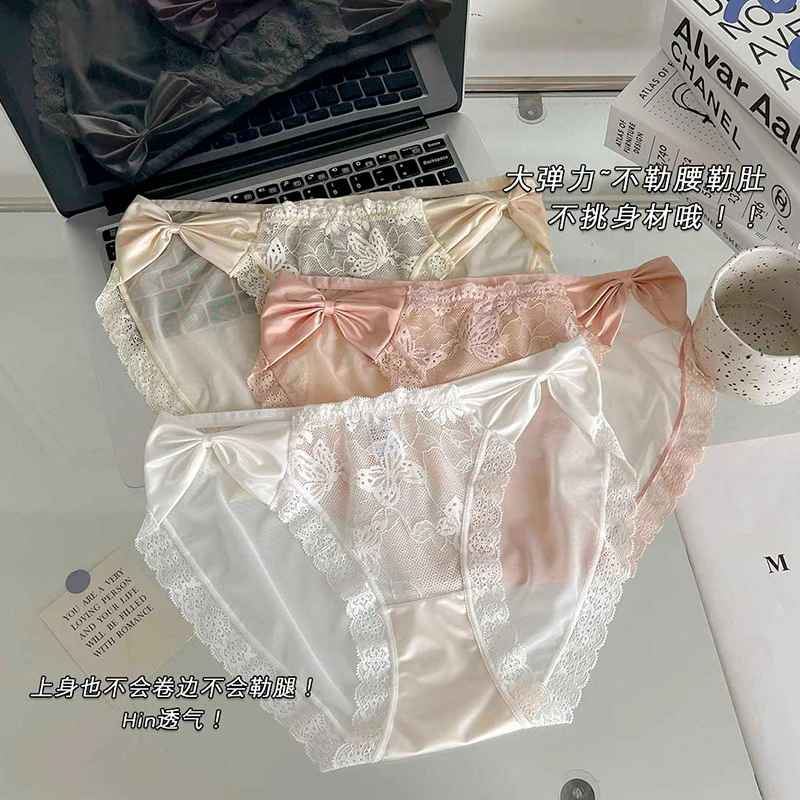 独立装 缎面蝴蝶结时尚仙女镂空网纱蕾丝性感内裤中腰三角裤女