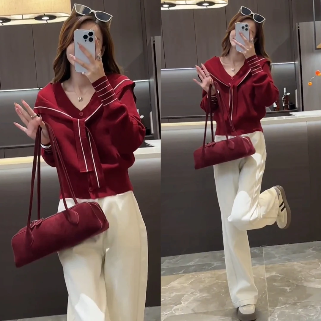 2024秋季新款时尚百搭拼接坎肩+长袖V领针织衫+显腿长直筒牛仔裤