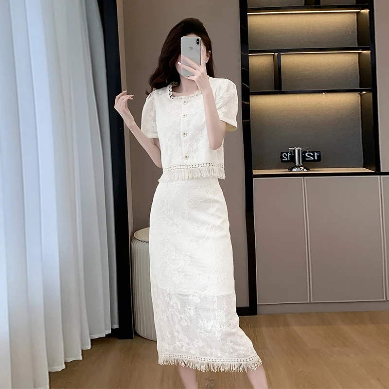夏装搭配一整套小香风蕾丝套装裙今年流行漂亮半身裙两件套
