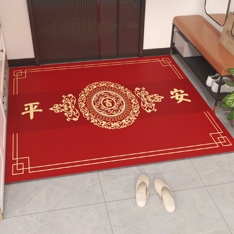 中式入户门地垫红色喜庆垫可擦免洗PVC皮革脚垫家用懒人防滑地毯