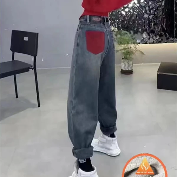 (娇娇）2024秋冬加绒新款直筒阔腿烟管显瘦时尚设计感牛仔裤