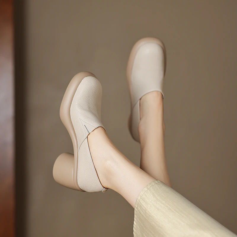 羊皮  5厘米 34-40春秋百搭黑色粗跟厚底圆头秋季乐福单鞋软底