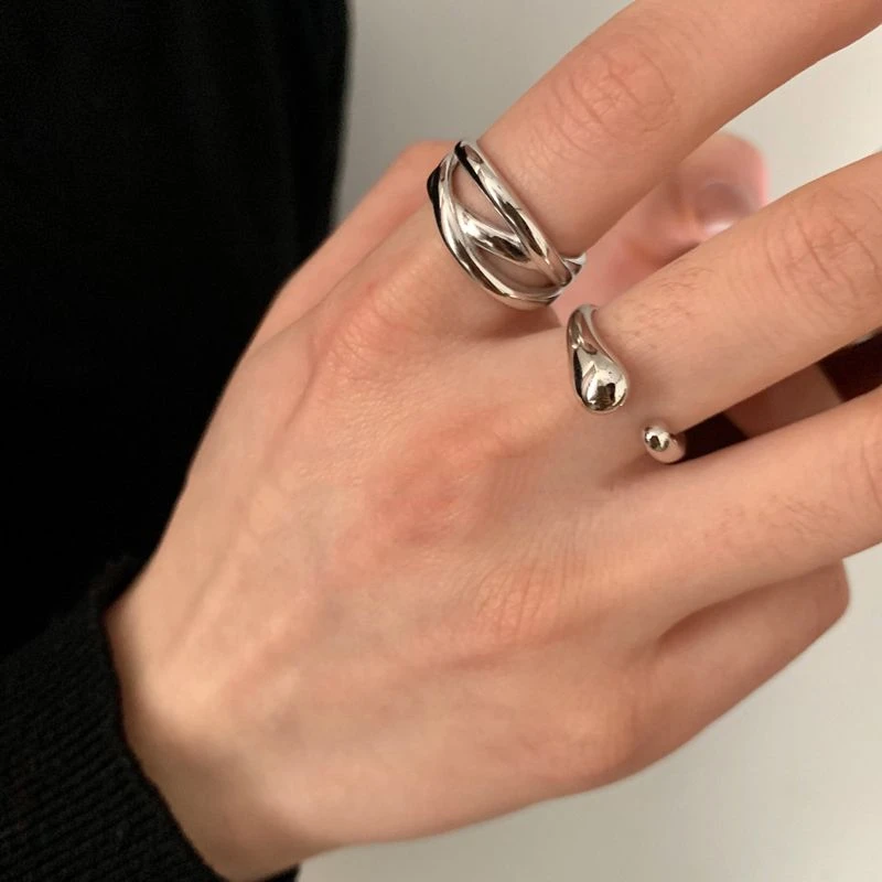 vintage925银小众设计感极简冷淡风线条交叉戒指女水滴开口食指环