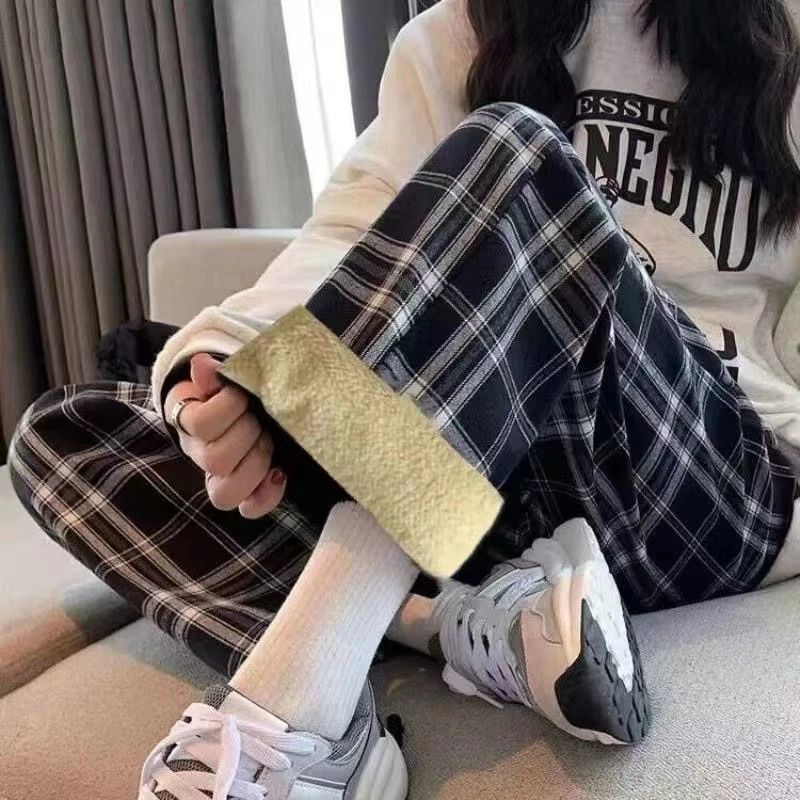 羊羔绒阔腿裤女高腰加绒宽松百搭阔腿裤运动休闲格子裤时尚直筒裤
