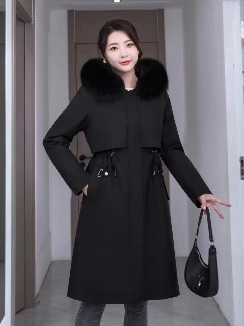 【若竹】2024新款女时尚休闲百搭中长款真毛狐狸毛领派克服Q2318
