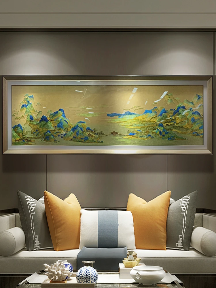 千里江山图苏绣客厅实木苏州刺绣款沙发背景墙山水风景理想小窝