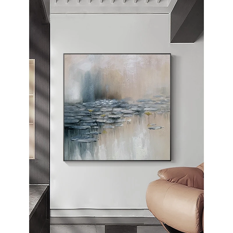 纯手绘油画莫奈风格睡莲抽象挂画现代轻奢客厅装饰画餐厅壁画黑白