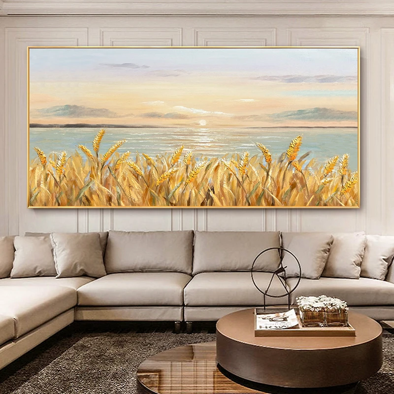 手绘油画麦穗海景客厅装饰画现代轻奢沙发背景墙大幅抽象风景挂画