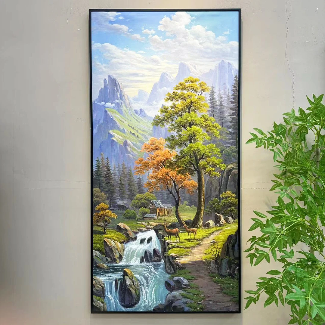 手绘油画风景山水美式乡村玄关装饰画走廊过道挂画竖版新中式壁画
