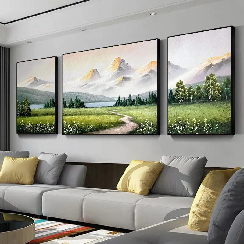 客厅装饰画现代简约沙发背景墙挂画手绘油画风景三联壁画背有靠山