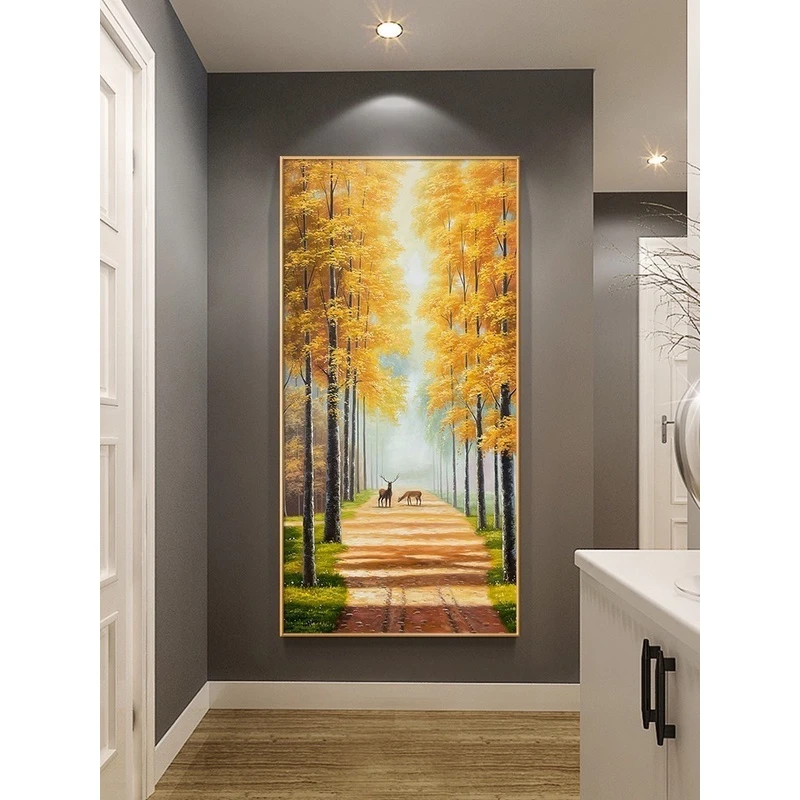 《黄金大道》欧式风景油画手绘玄关装饰画美式轻奢立体挂画入户画