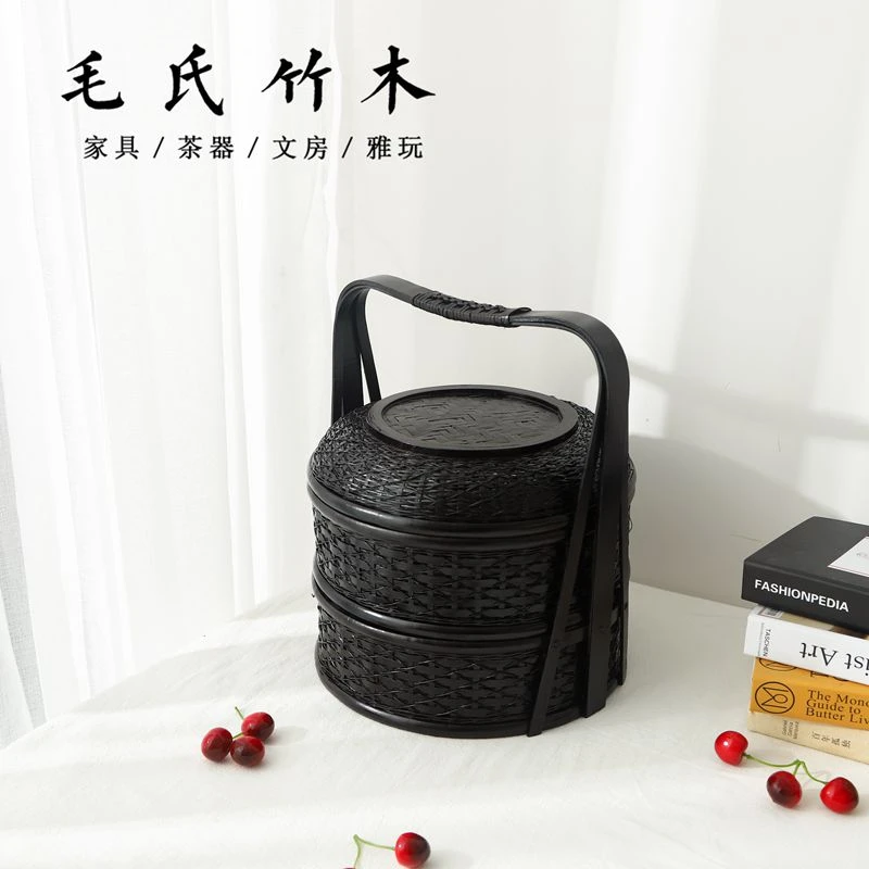 手工竹编篮子手提篮圆形结婚食盒双层三层精品提篮红色喜篮婚庆