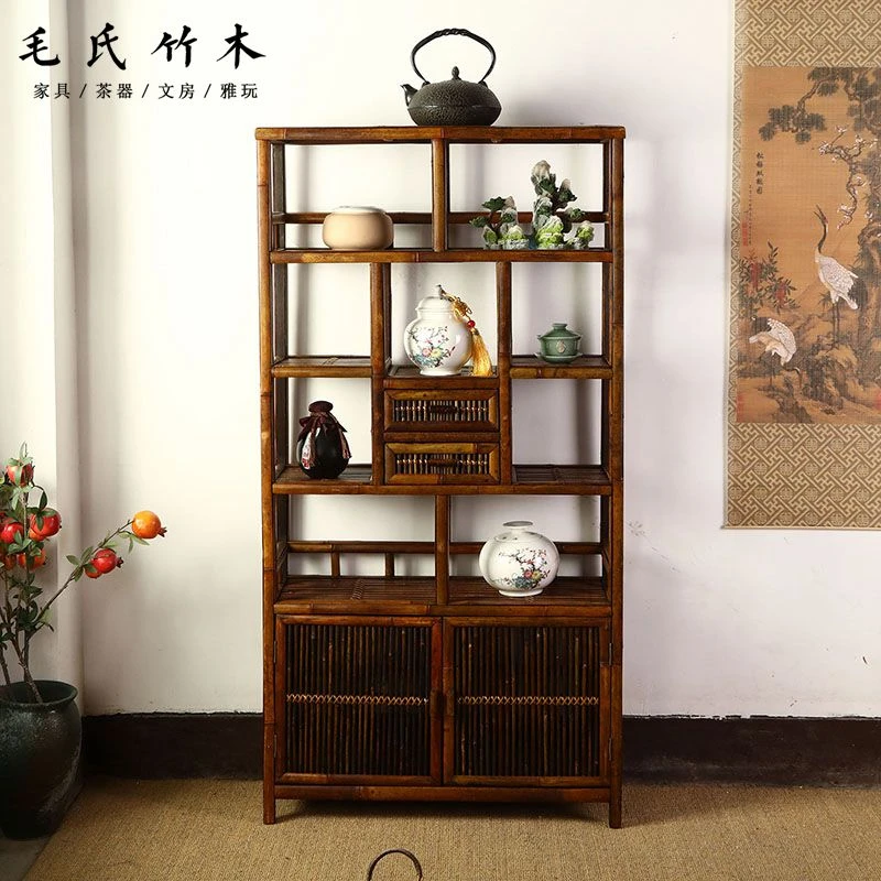 仿古竹制墙边柜多宝阁置物架博古架复古收纳茶柜茶道具茶壶展示架