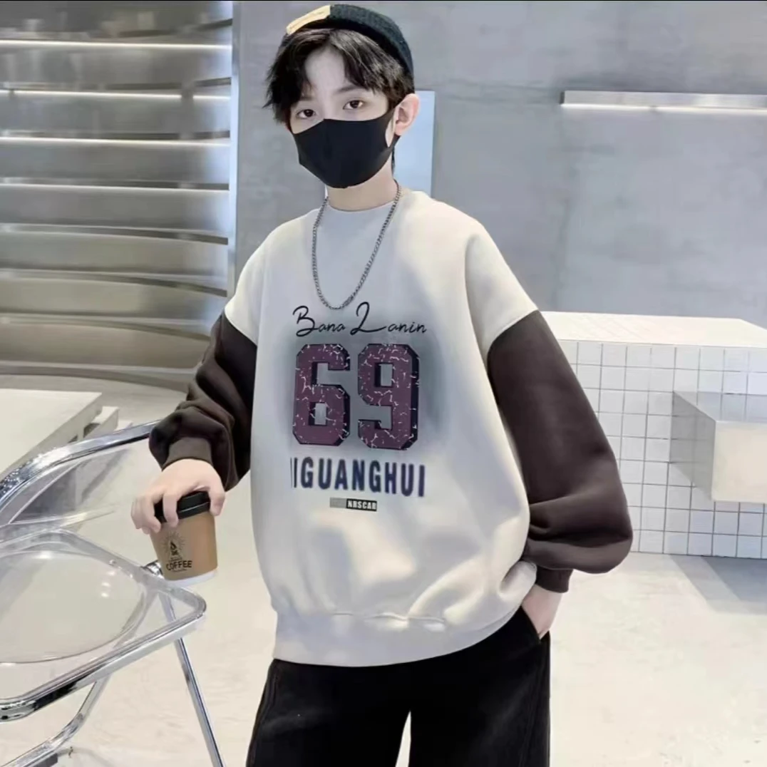 【加绒】儿童卫衣男童中大童百搭宽松韩版时尚休闲中大童印花圆领