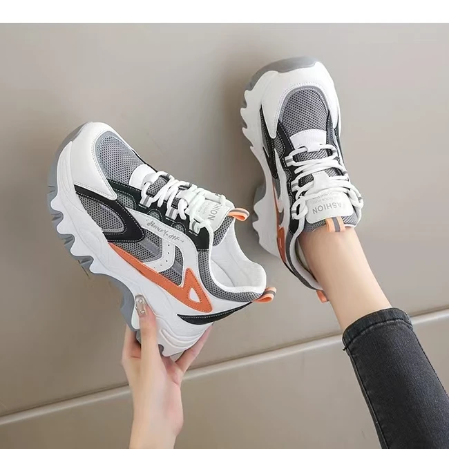 7cm厚底内增高女鞋真皮小白鞋女秋季新款小个子百搭老爹鞋9802