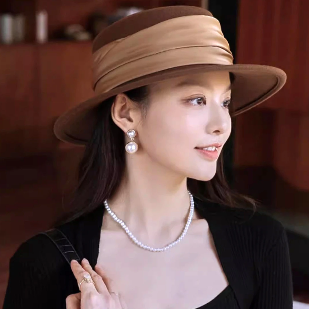 法式赫本绸缎气质礼帽女褶皱织带毛毡帽冬季羊毛保暖爵士帽凹造型