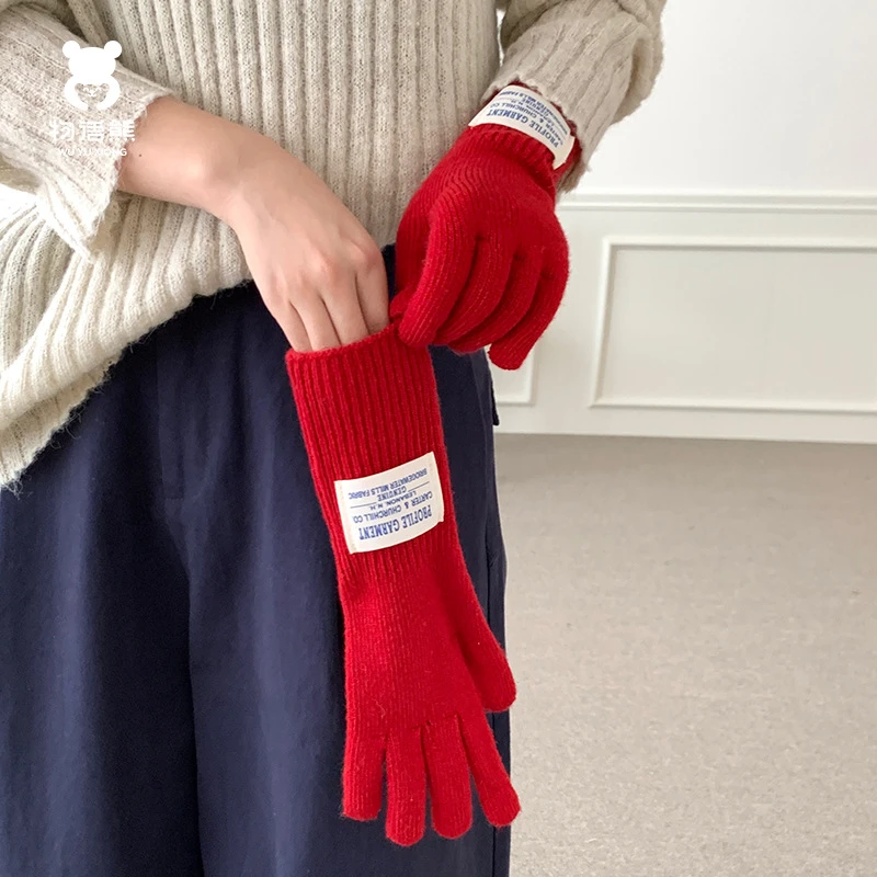 新款高品质针织长款纯色手套女秋冬季五指保暖露指可触屏