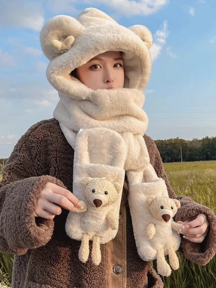 tz小熊帽子秋冬女围巾手套一体连帽冬围脖可爱保暖毛绒冬天三件套