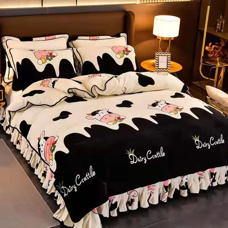 【小扬哥推荐】8斤打底高克重牛奶绒印花床裙款四件套双面加绒被套