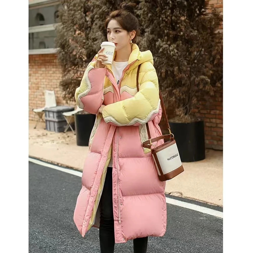 2408【梦幻岛屿】过膝羽绒服女冬季加厚中长款冬装新款撞色拼接外套