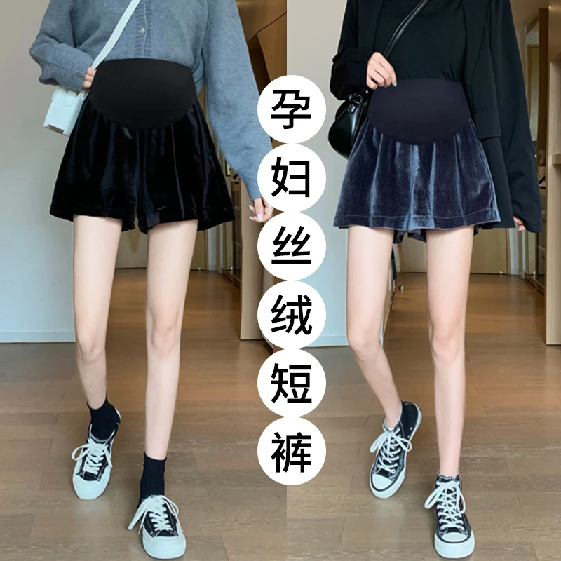秋冬新款丝绒阔腿短裤孕妇裤托腹裤孕妇装外穿靴裤袜裤高腰时尚