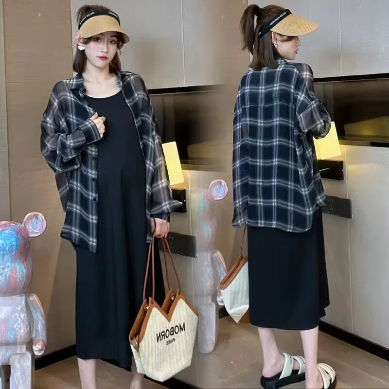 2024夏季新款哺乳装两件套格子防晒衬衣长袖+中长款哺乳连衣裙潮~