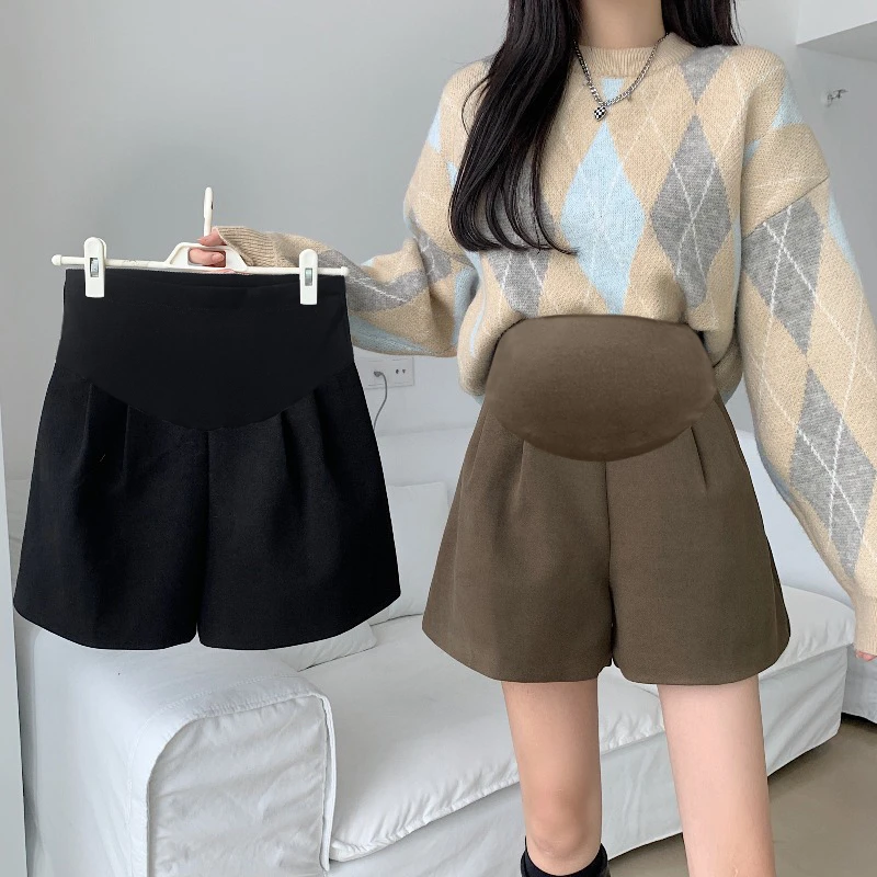 孕妇装秋冬新款毛呢外穿阔腿短裤休闲百搭孕妇靴裤A字裤高腰显瘦