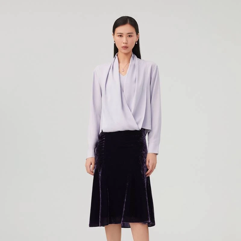 OVV秋冬新款女装23MM重磅桑蚕丝V领交叉设计长袖衬衣GNSAJ33108A