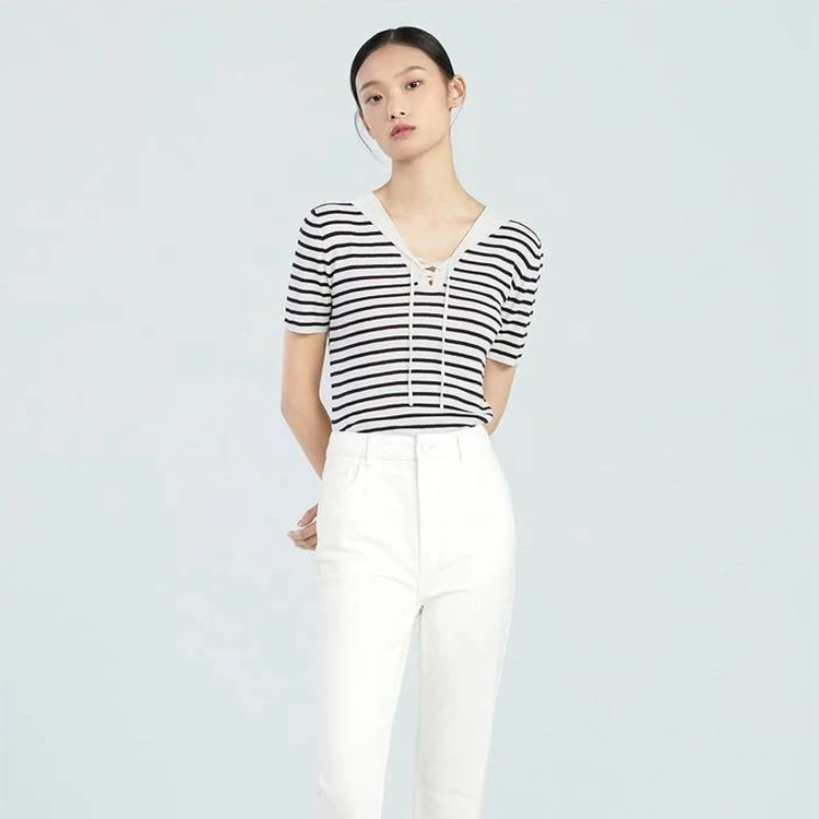 OVV春夏女装桑蚕丝亚麻混纺系带海军风条纹短袖针织衫GNZBJ13003A