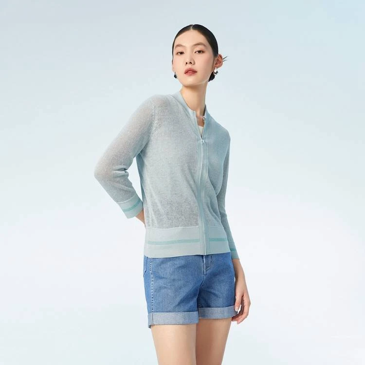 OVV春夏新款女装微透亚麻珠片舒适棒球服款式针织开衫GWZAJ13010A