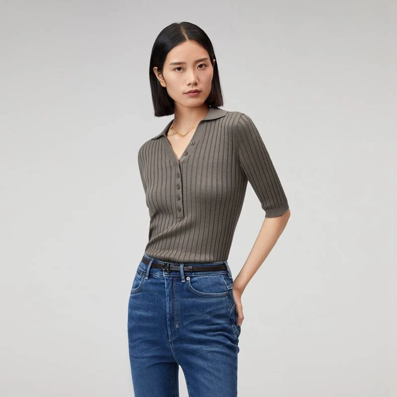 OVV秋冬新款女装丝棉混纺POLO领罗纹修身中袖针织衫GNZBJ33102A