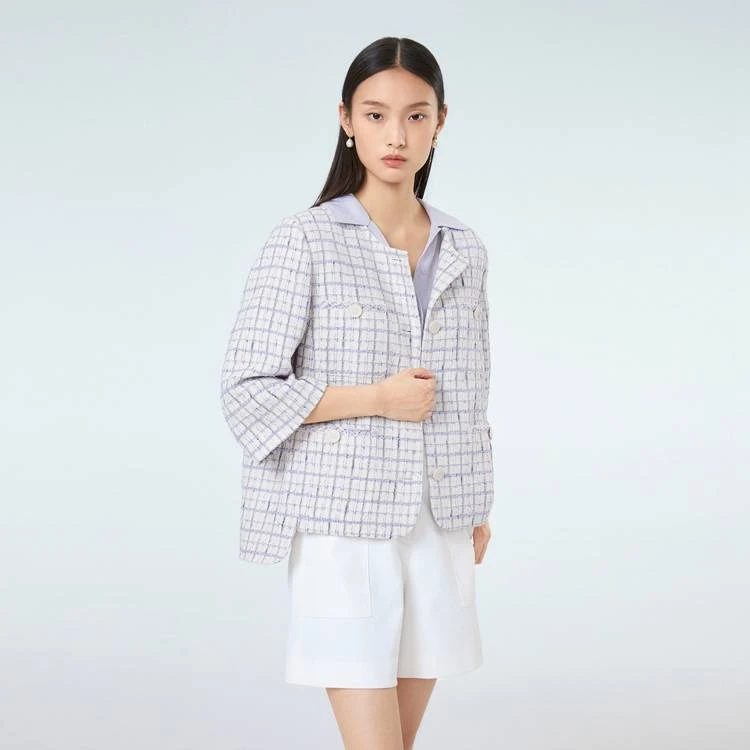 OVV春夏新款女装宽松时尚常规女士格纹圆领休闲夹克GWJFJ13009A