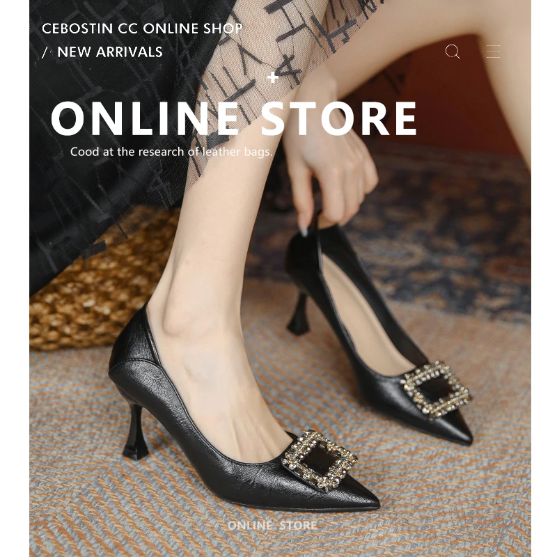 羊皮不累脚小码313233高跟鞋女细跟新款法式黑色尖头软皮单鞋女士