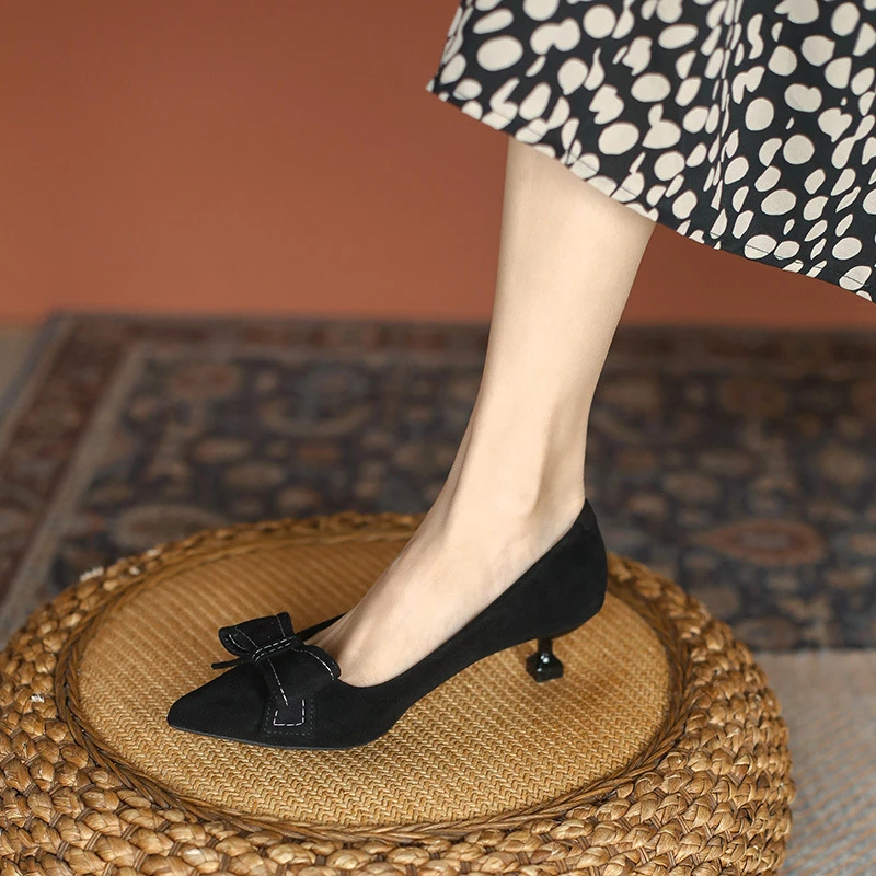 法式高跟鞋女2024年春秋新款细跟尖头百搭气质黑色蝴蝶结小跟单鞋