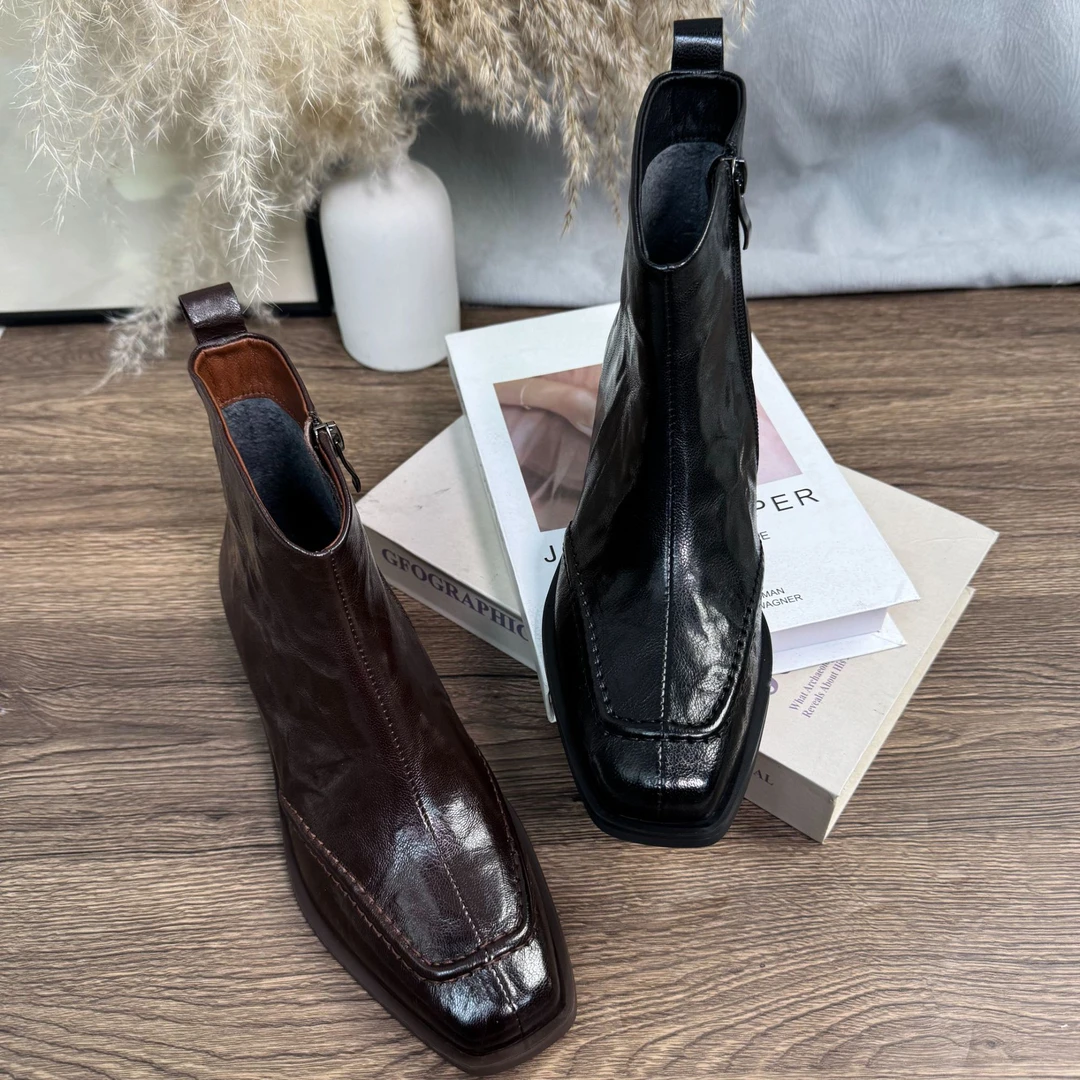 2024跨年爆品炸街手抓纹羊皮3CM舒适休闲洋气百搭手工靴子女款