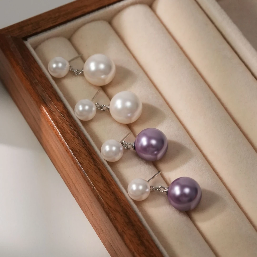 925银耳饰 复古大小珠珠耳钉紫白珠优雅气质简约百搭清新女款耳饰