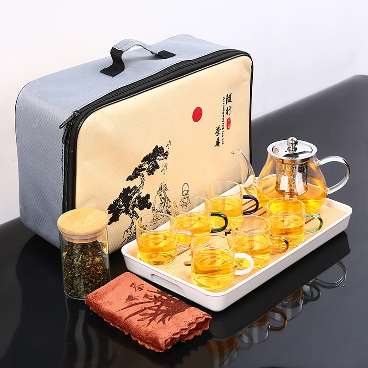 夕扬便携式旅行玻璃功夫茶具家用茶盘礼品套装户外活动车载整套