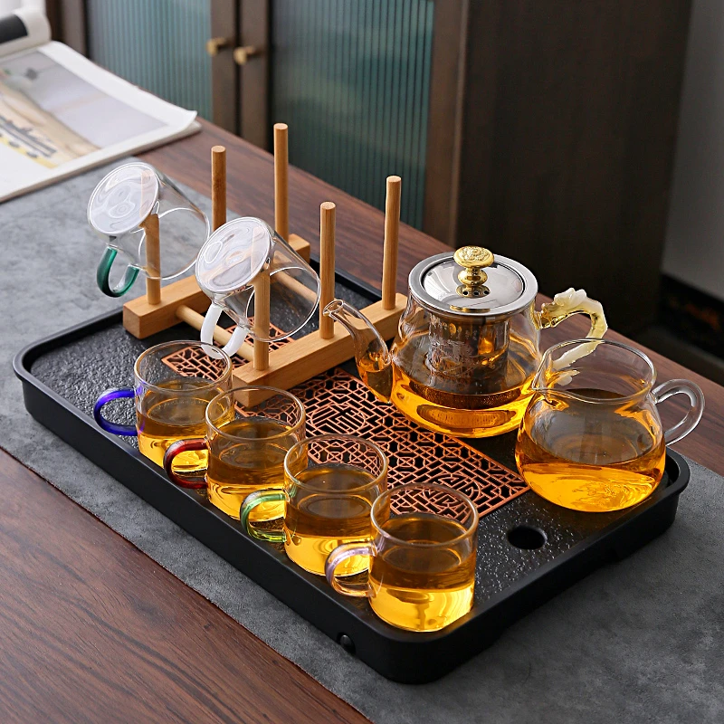 耐热高硼硅玻璃功夫茶具套装家用耐用人造石茶盘泡茶壶透明茶杯