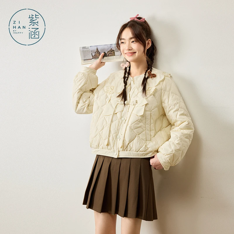 紫涵短款V领盘扣菱格羽绒服女2024冬季新款宽松轻薄休闲鸭绒外套