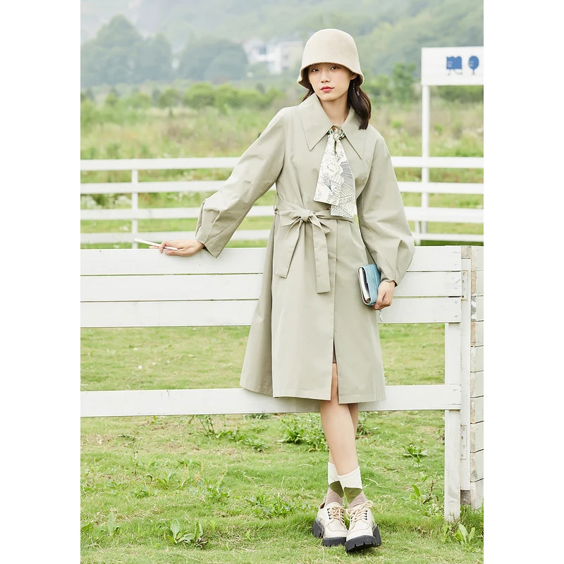 紫涵翻领中长款风衣外套女早春小个子宽松休闲灯笼袖防Z1Z07CS544