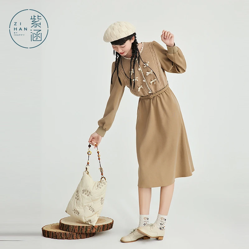 紫涵毛织拼接蝴蝶结连衣裙中长裙女秋季简约时尚减龄百Z3Z08BS411