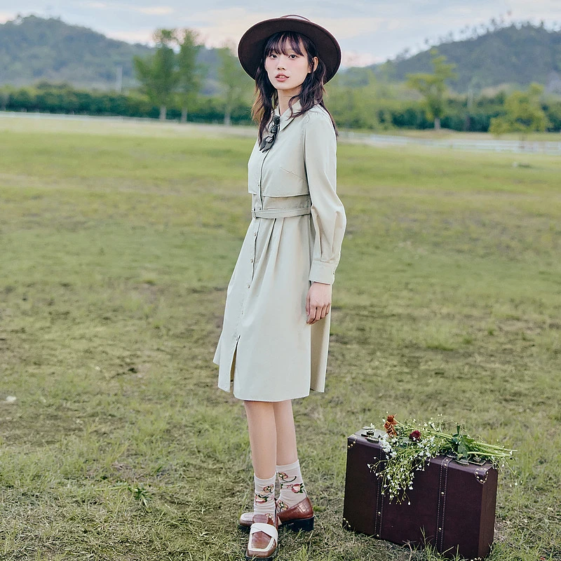 紫涵休闲连衣裙衬衫裙秋季女通勤简约时尚收腰领带中长Z3Z07BS205